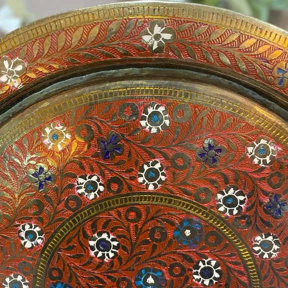 Vintage Solid Brass Enameled Round Tray Floral Home Decor Accent Serving - Picture 2 of 5